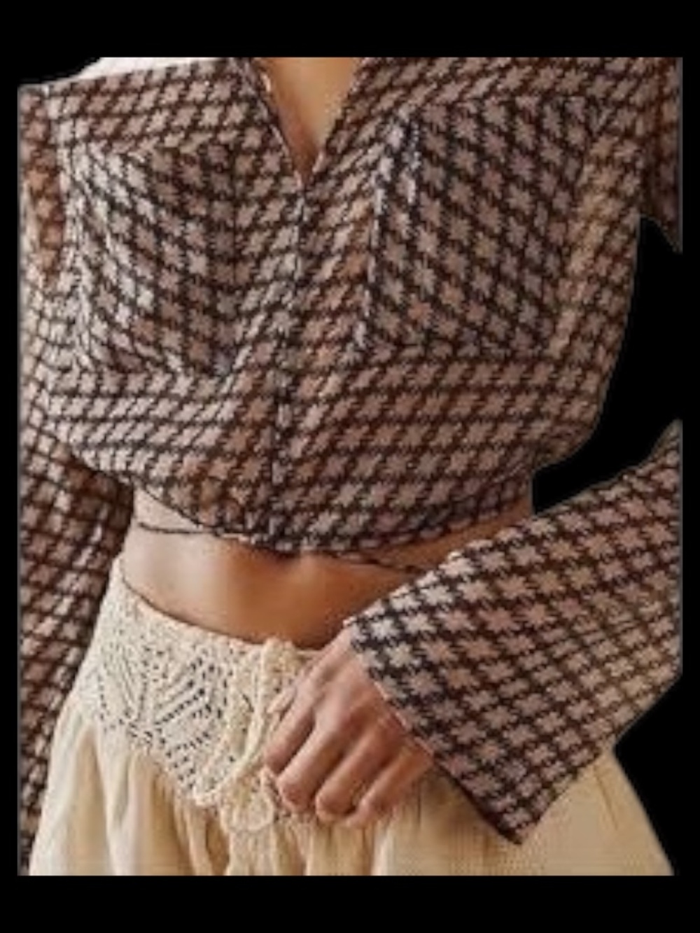FREE PEOPLE Top Secret Cropped Blouse Topper Drawstring Hem S Black/Beige VEUC